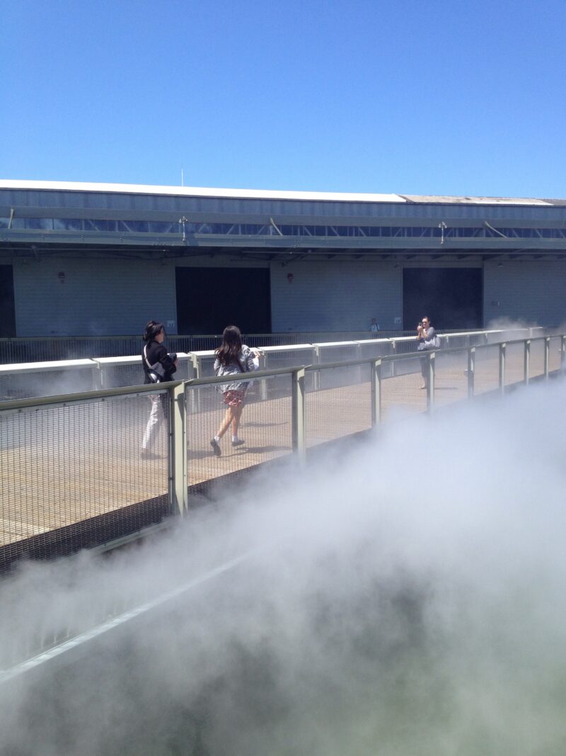 Fujiko Nakaya - Fog Bridge #72494, 2013, 800 high-pressure nozzles, 150 ft (46 m), installation view, Exploratorium, San Francisco, USA