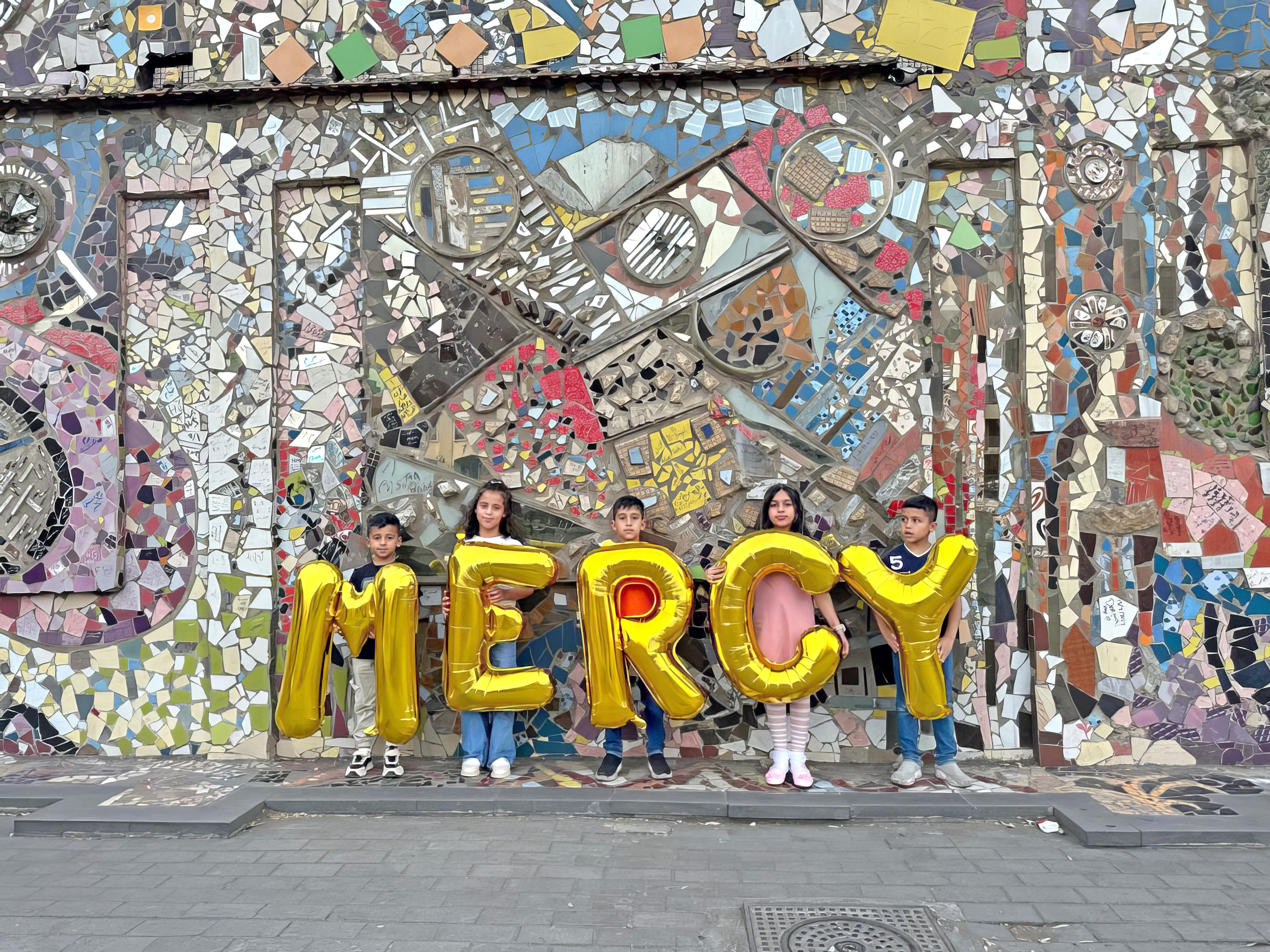 Syria, Damascus, Mezzeh wall - Mercy, Silence Was Golden, gold balloons
